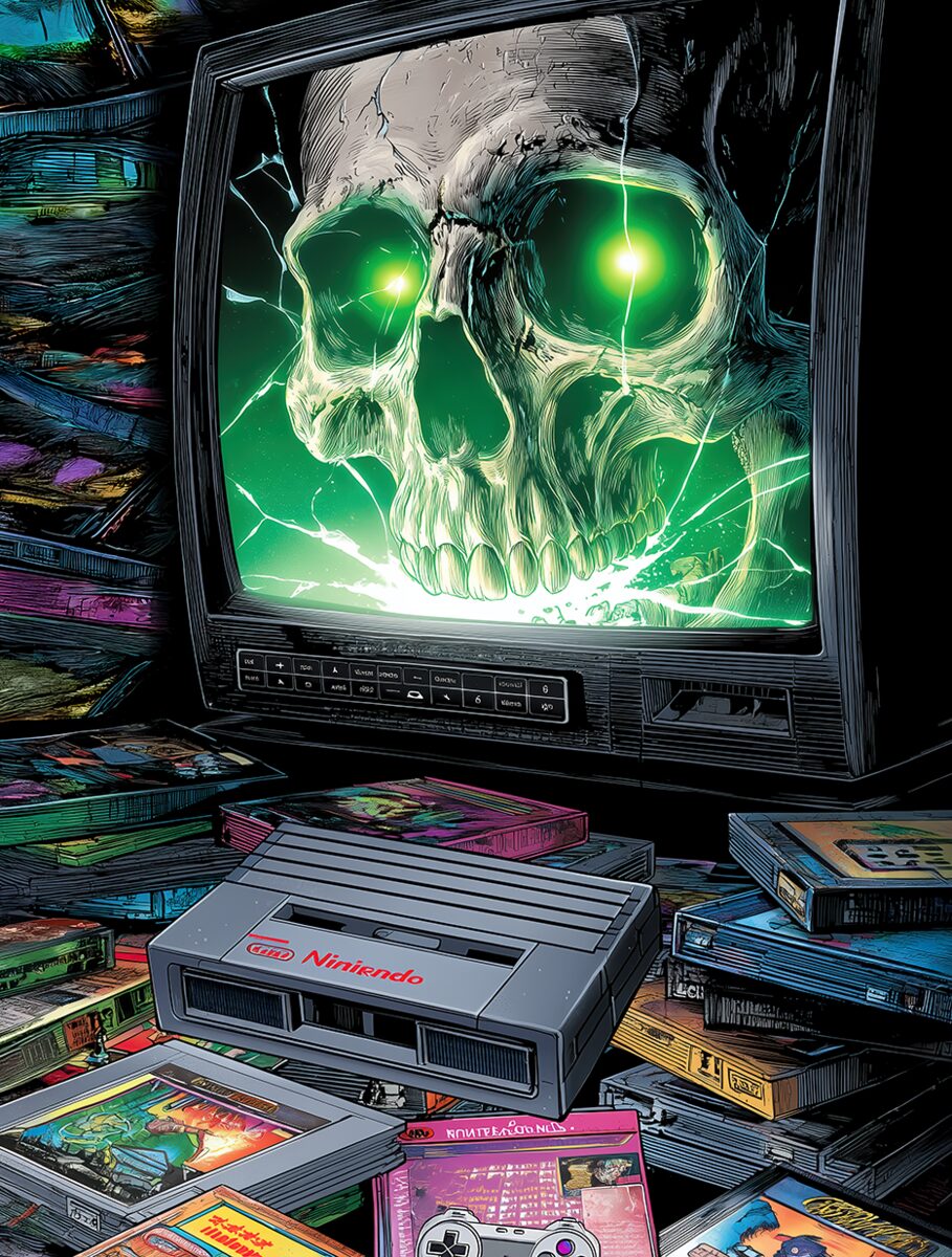 Retro Nintendo skull TV illustration art
